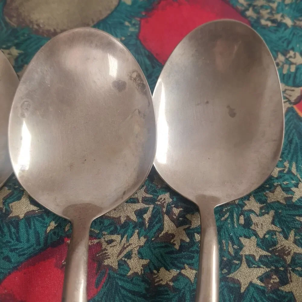 VTG 70’s Lot Of 4 Nickel Bronze Serving Spoon Carving Fork Faux Bamboo Serveware
